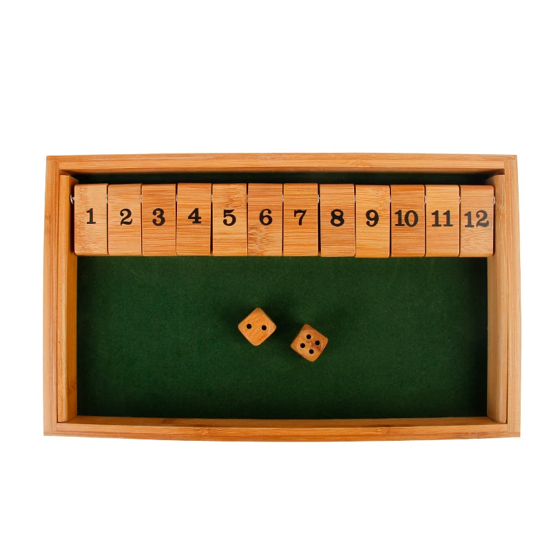Dice Board Game, Shut The Box Dice Game 12 Number Flip Tiles with Bamboo Box, Board Table Math Game, Large, 33cm for Kids Adults
