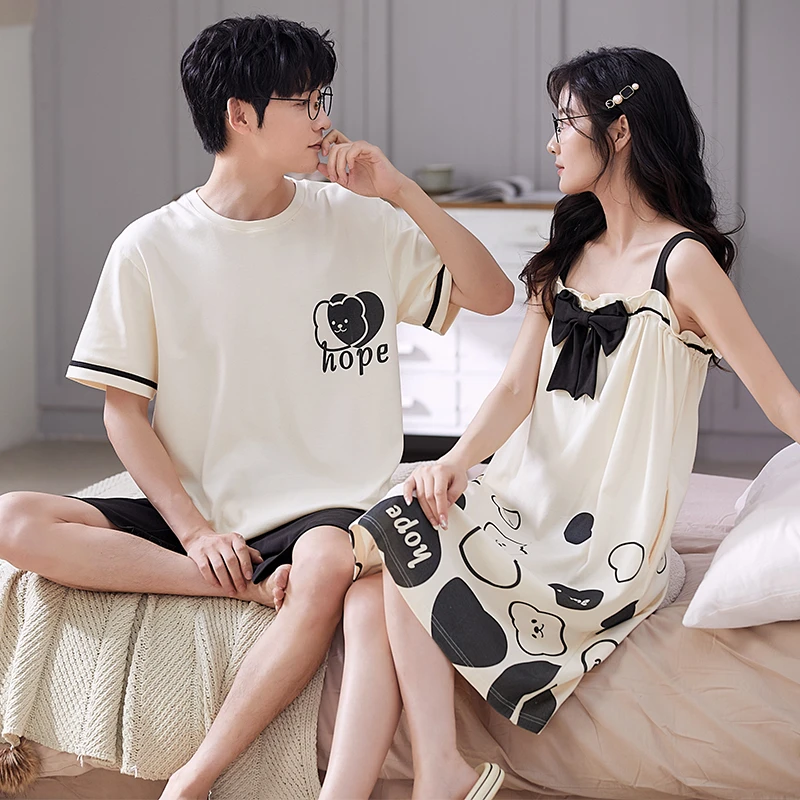 

Summer Couple Pajamas Set Cartoon Panda Loose Cotton Nightwear Mujer Casual Home Suit Sweet Sleepwear For Women Men Lover Pyjama