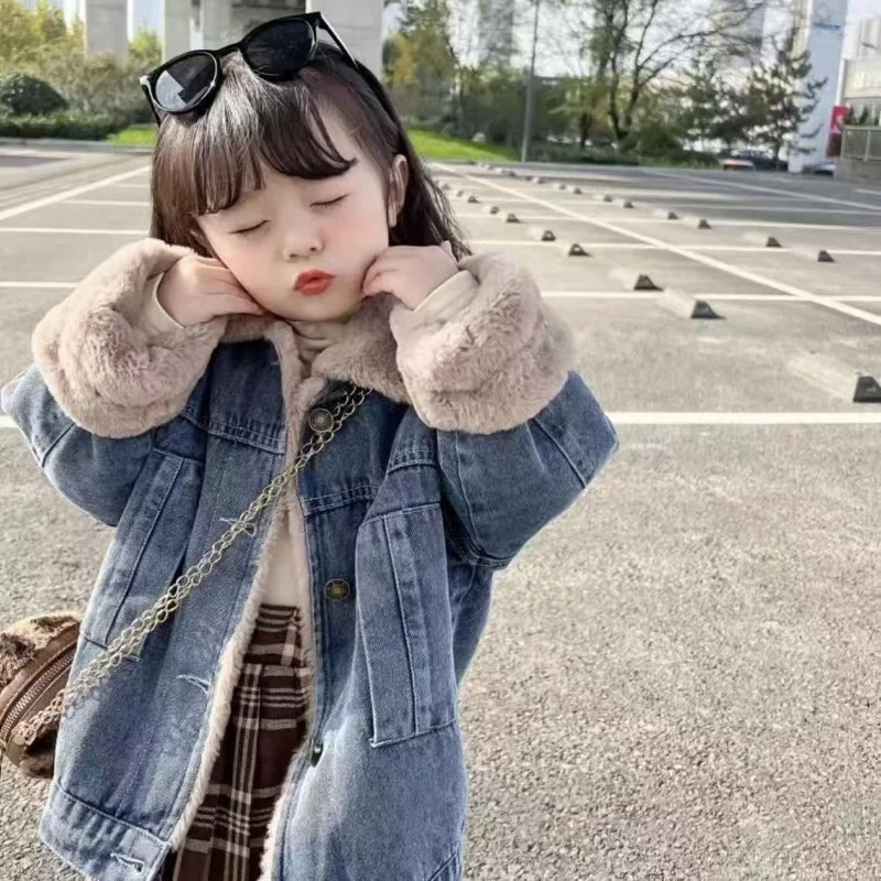 

Thickened Fleece Lined Denim Jacket Children's Warm Outerwear Spring Autumn Unisex Kids Fashionable Parent-Child Matching Clothe