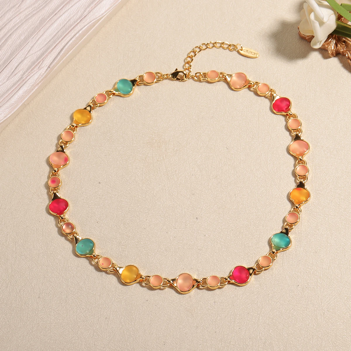 

Boho Colorful Round Acrylic Bead Link Chain Necklace Vintage Gold Color Choker Collar Necklaces for Women Summer Beach Jewelry