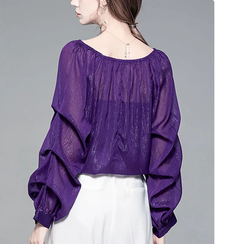 Elegant Fashion Puff Sleeve Bright Silk Chiffon Blouse Women Clothing 2022 Spring New Sexy Slash Neck Loose Casual Shirt Female