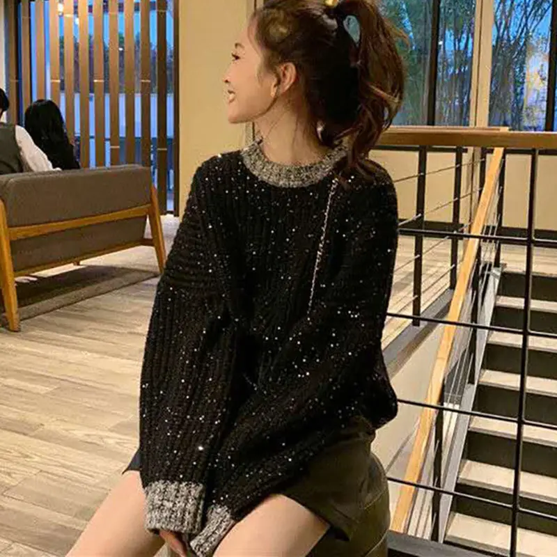 Black Bright Silk Sweater Women Autumn Winter Loose O-neck Long Sleeve Knitwear Simplicity Office Lady All-match Knitting Tops