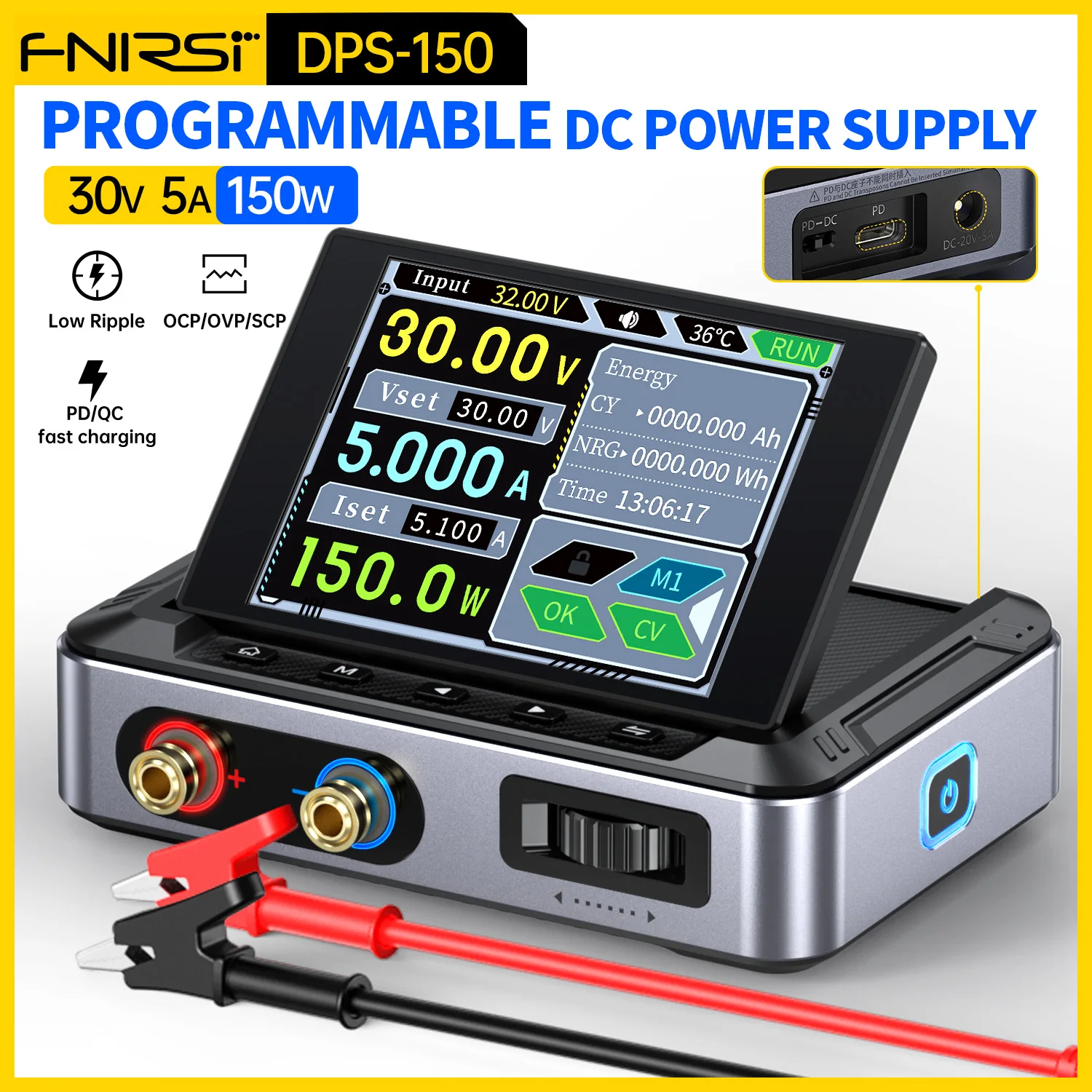 FNIRSI DPS-150 30V 5A zasilacz DC regulowany wyświetlacz cyfrowy Mini zasilacze laboratoryjne regulator napięcia wstępnie ustawiony prąd