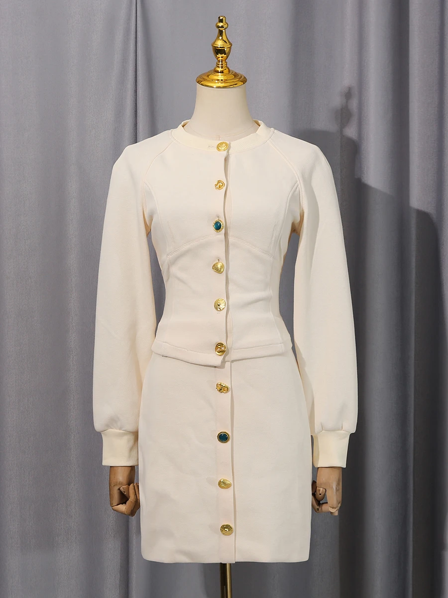 ชุดเซ็ทสองชิ้นสไตล์ออฟฟิศ VGH สำหรับผู้หญิง เสื้อคาร์ดิแกนคอโอ แขนยาว แต่งผ้าลูกไม้ด้านหลัง กระโปรงมินิสั้นเอวสูง ชุดสูทสีพื้นสำหรับผู้หญิง