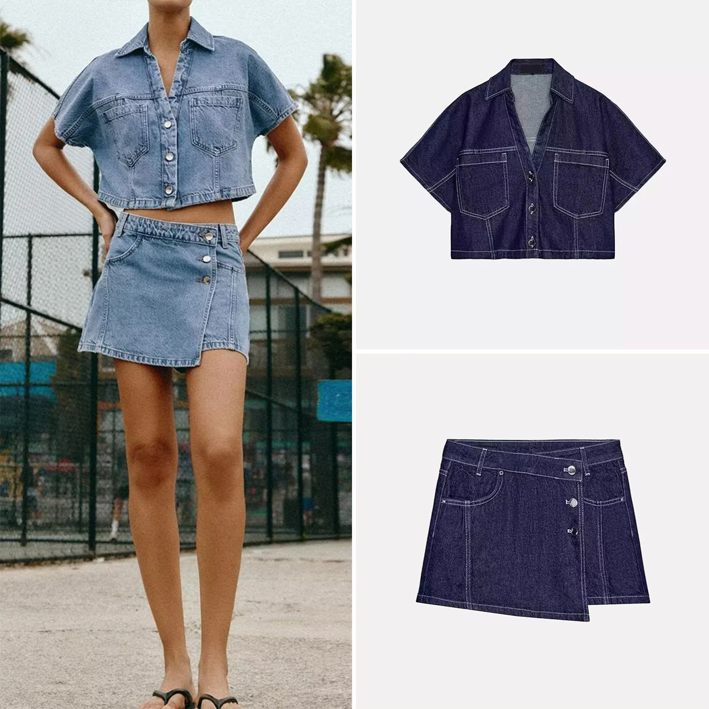 

Women's Short Sleeve Turn-down Collar Denim Shirt 249 High Waist Double Pocket Denim Skirt Pants 7484045 Summer Fashion Set