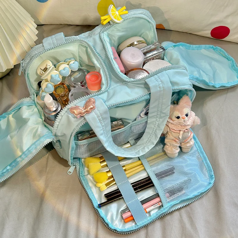 Double Wide Opening Large Capacity Fluffy Makeup Bag New Handheld High End Travel Portable Grooming and Storage Bags Practical