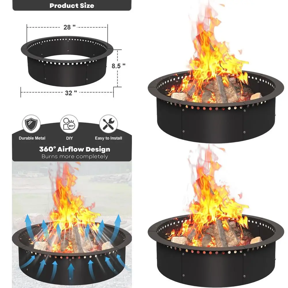 حلقة حفرة نار خارجية شديدة التحمل مقاس 28 بوصة، بطانة معدنية مستديرة من الفولاذ DIY لحرق الخشب، باللون الأسود