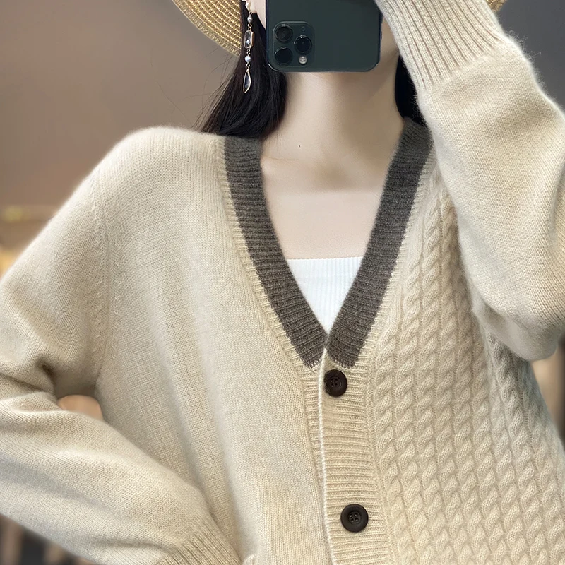 Korean V-Neck 100% Pure Wool Knitted Cardigan Jacket Women\'s 2023 Autumn Winter New Loose Thicken Warm Cashmere Sweater Coat Top