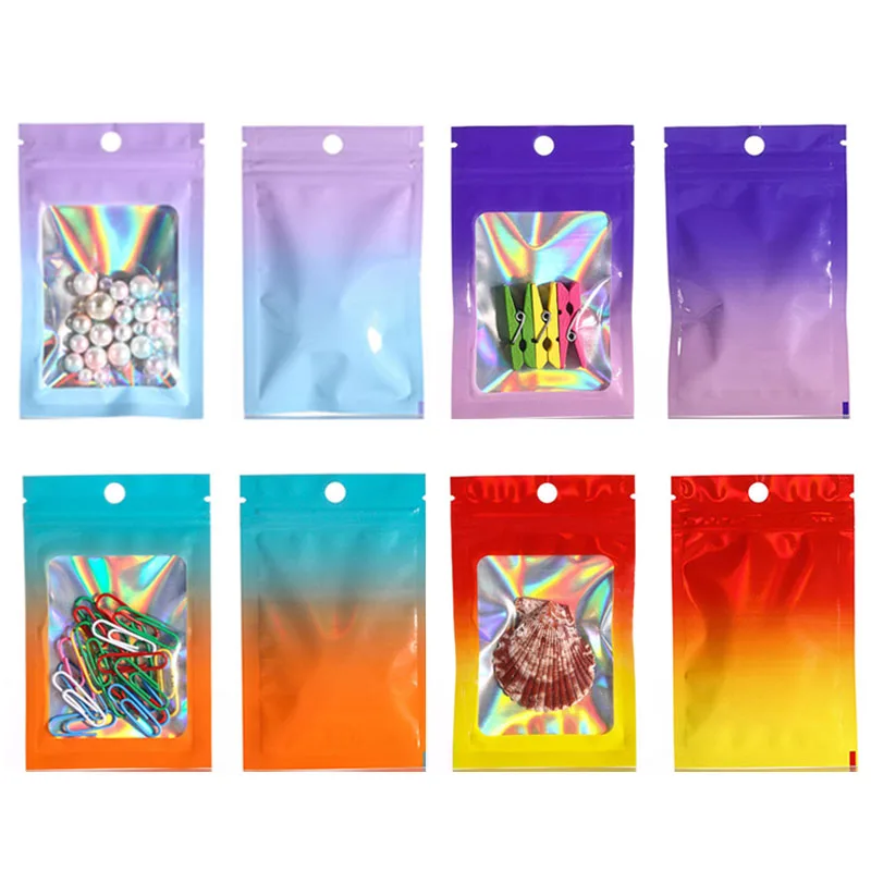 50pcs Gradient Color Holographic Laser Foil Bags Transparent Window Pouch Resealable Ziplock Bags for Jewelry Display Packaging