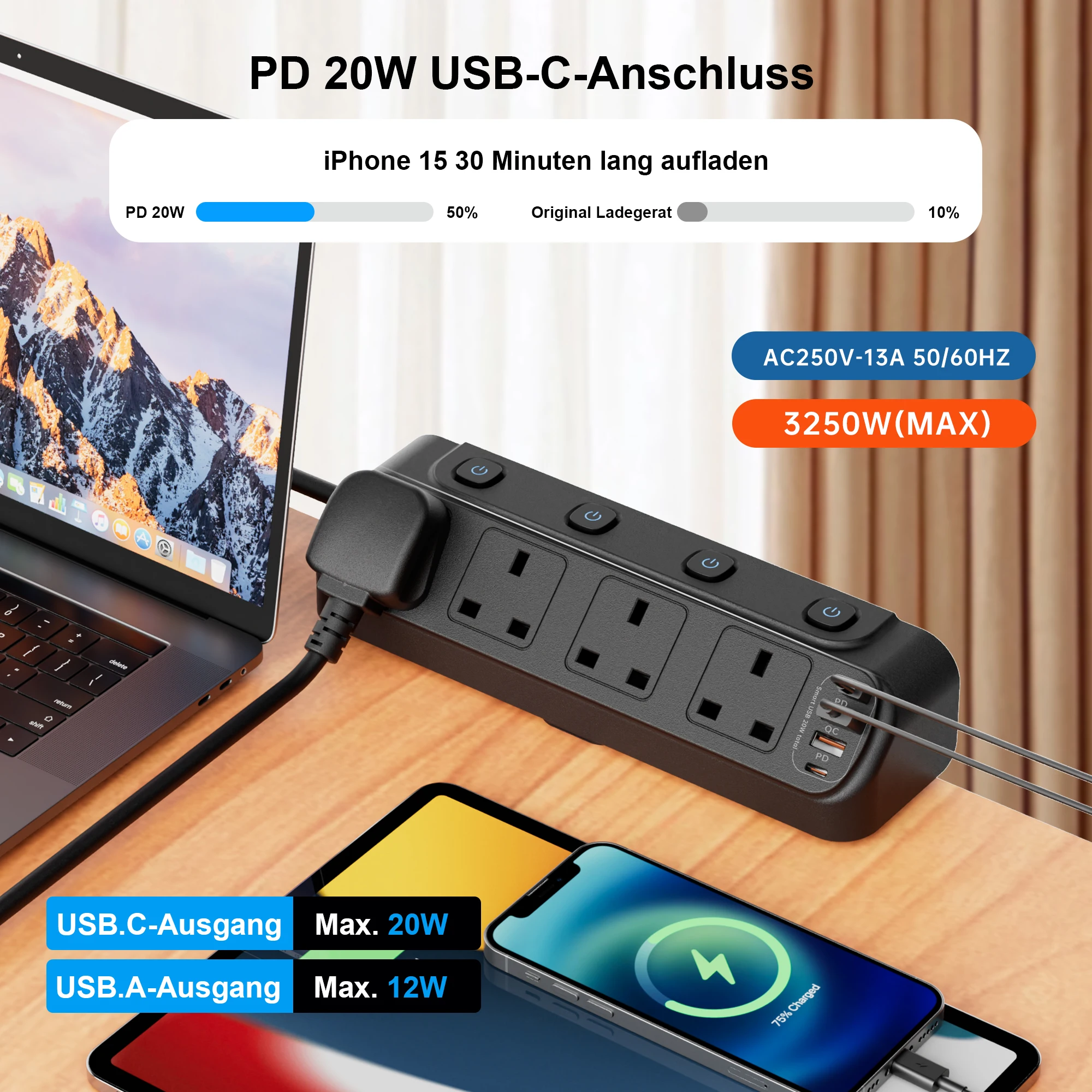 3250W Power Strip UK Plug 4 AC Independent Switches Multi Functional Triangular Fixed Socket With 2USB-A 2USB-C Ports Charging