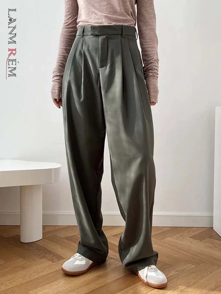 [LANMREM] High Waist Straight Pant For Women Solid Wide Leg Trousers Office Lady Clothing Fashion 2025 spring New 26D9925