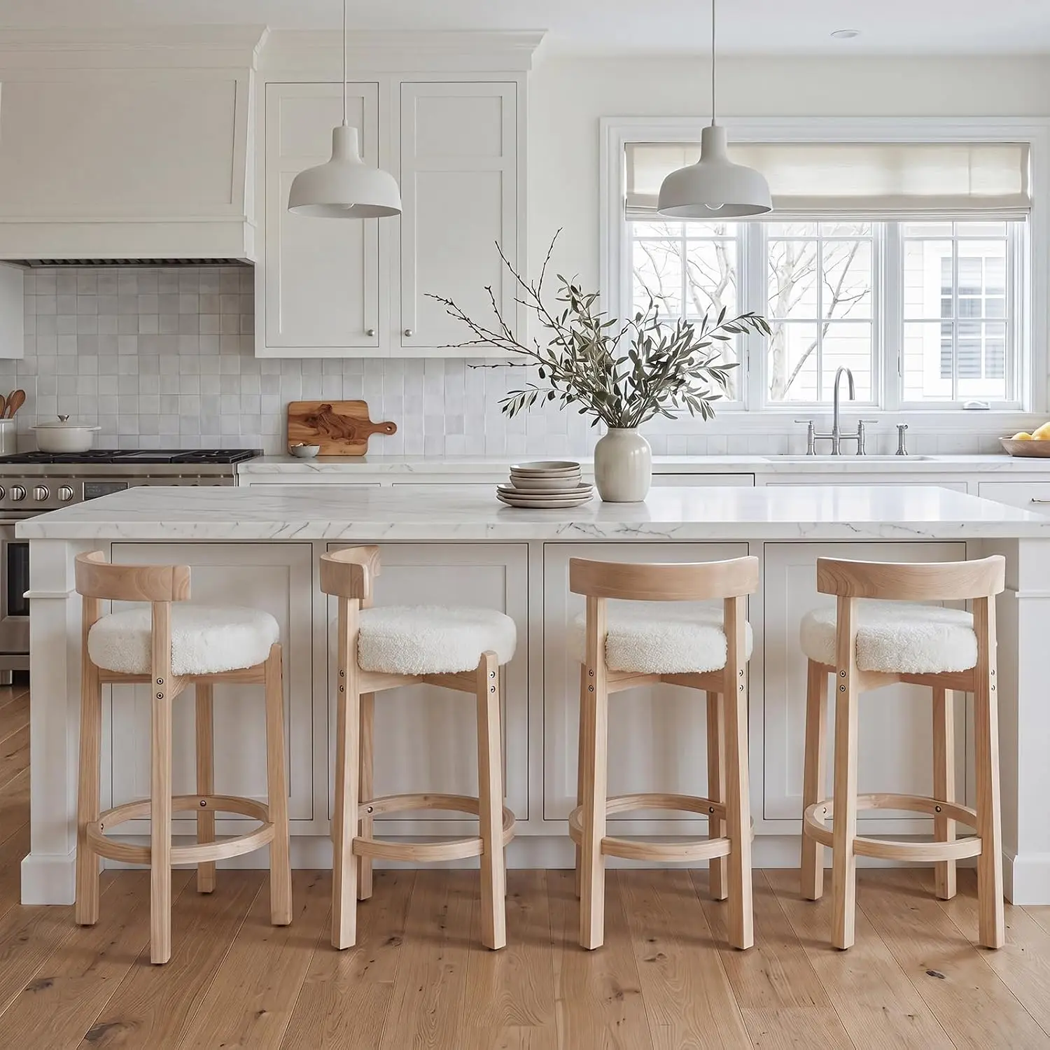 Mid-Century Bar Stools 4pc, 26.5in Sherpa Counter Height Stools with Wooden Legs for Kitchen Island Dining, Customized