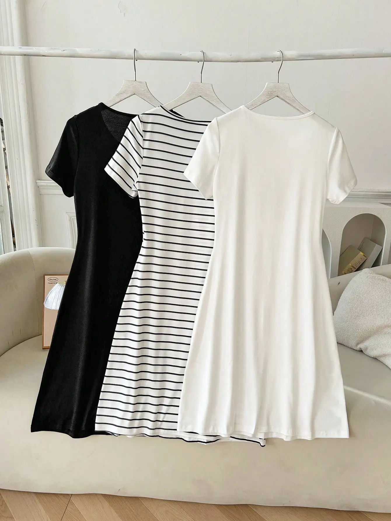 

3-Pack Women's Short Sleeve Sleep Dresses: Black, Stripe, White with Bow Neck