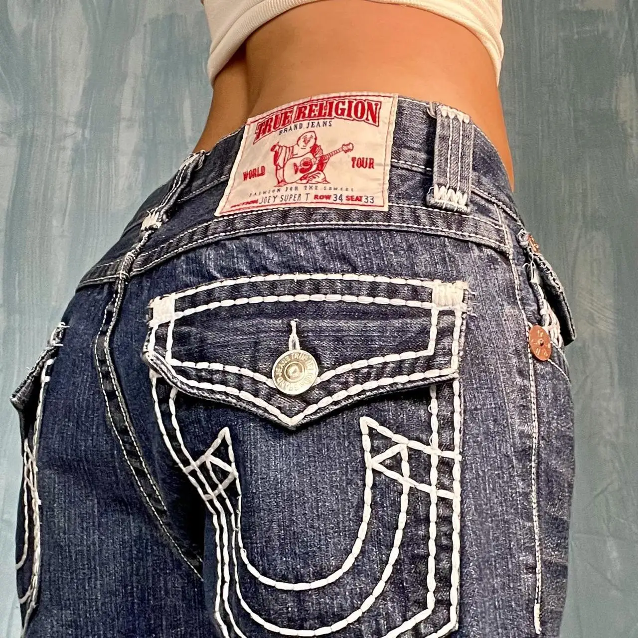 

Vintage 90s Embroidery Pocket Blue Baggy Jeans Men Women Gothic Retro Streetwear Harajuku Low Rise Jean Wide Leg Pants