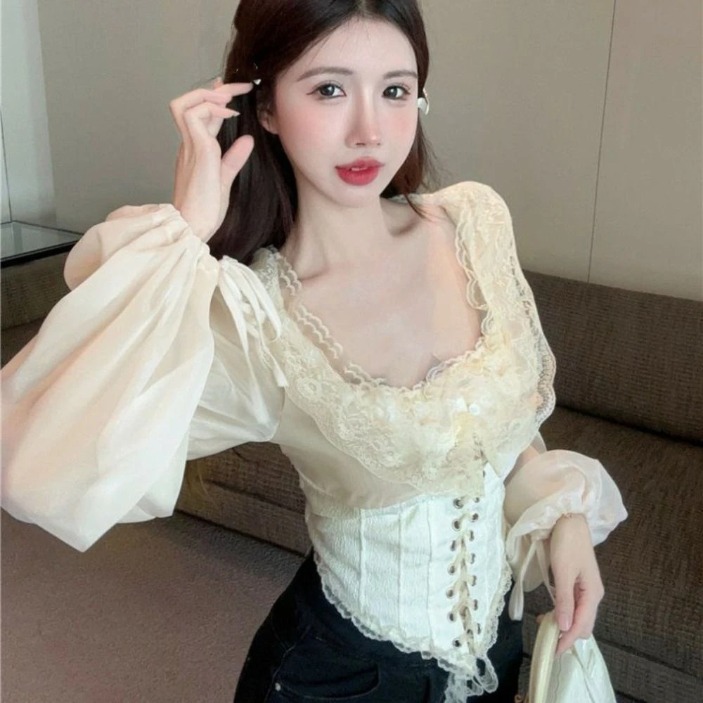 

Elegant Mesh Flounce Lace Blouse Low Neck V Hem Lace Up Blouse See Through Patchwork Puff Long Sleeve Shirts Women