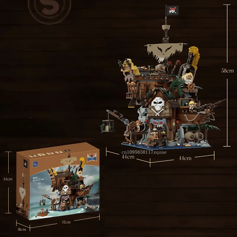 Blocs de construction de bateau Pirate, ensemble de magasin à thème de Bar Pirate, modèle de maison en bois d'aventure, jouet d'assemblage, ornement de bureau, cadeau pour enfants