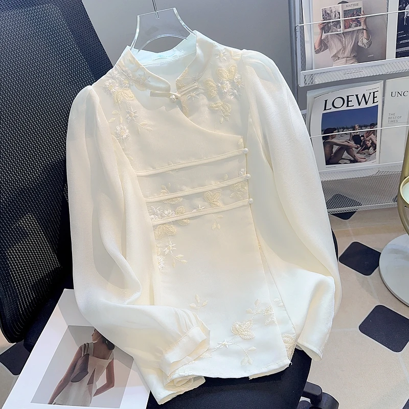 Femmes chemise Blouse nouveau Style chinois à manches longues col montant broderie chemise Blouse haut pour femme Blouses Blusas Para Mujer Q596