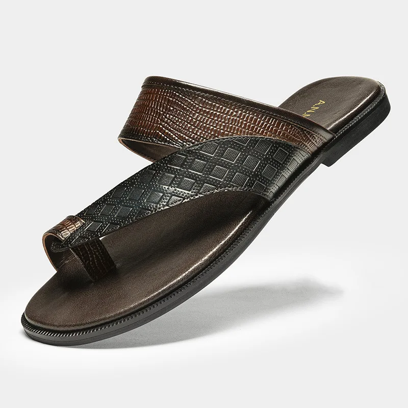 Men Faux Leather Toe Ring Sandals Strap Croc Textured Non‑Slip Flat Summer Casual Outdoor Beach Slippers