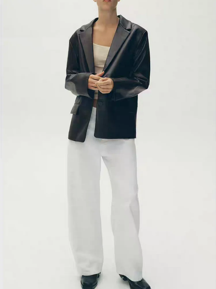 Faionable Loose Long Sve Leather Effect Suit Jaet Women's Casual Sle Autumn New Arrival Button Closure Coat