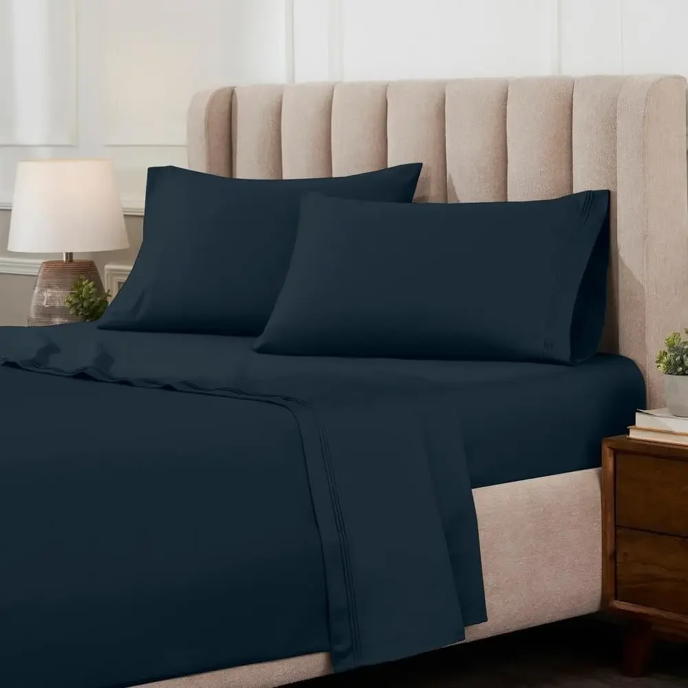 4 Piece Deep Pocket Egyptian 100% Cotton Sheets Set King Size | Soft Plush Smooth Silky Feel Luxury Hotel Bedding Solid Navy Ind