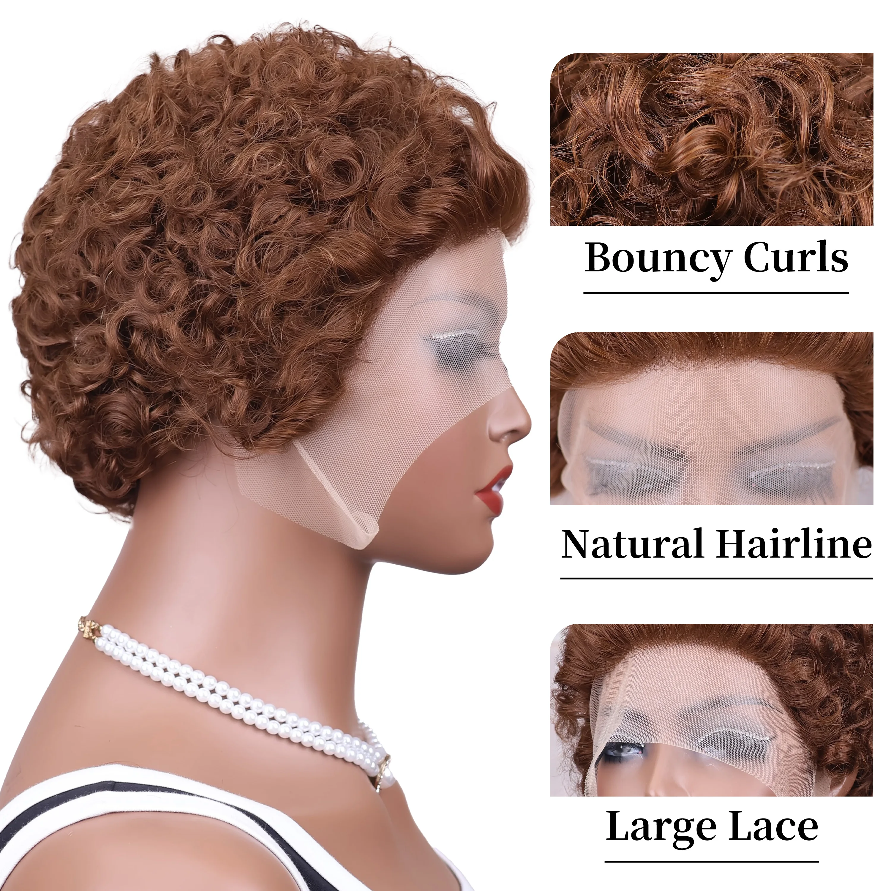 # チョコレートブラウンのピクシーカットウィッグ、人毛ハイライトバーガンディカーリーボブウィッグ、13x1 HDレースフロントウィッグ、200%密度、ショートで安価なウィッグ