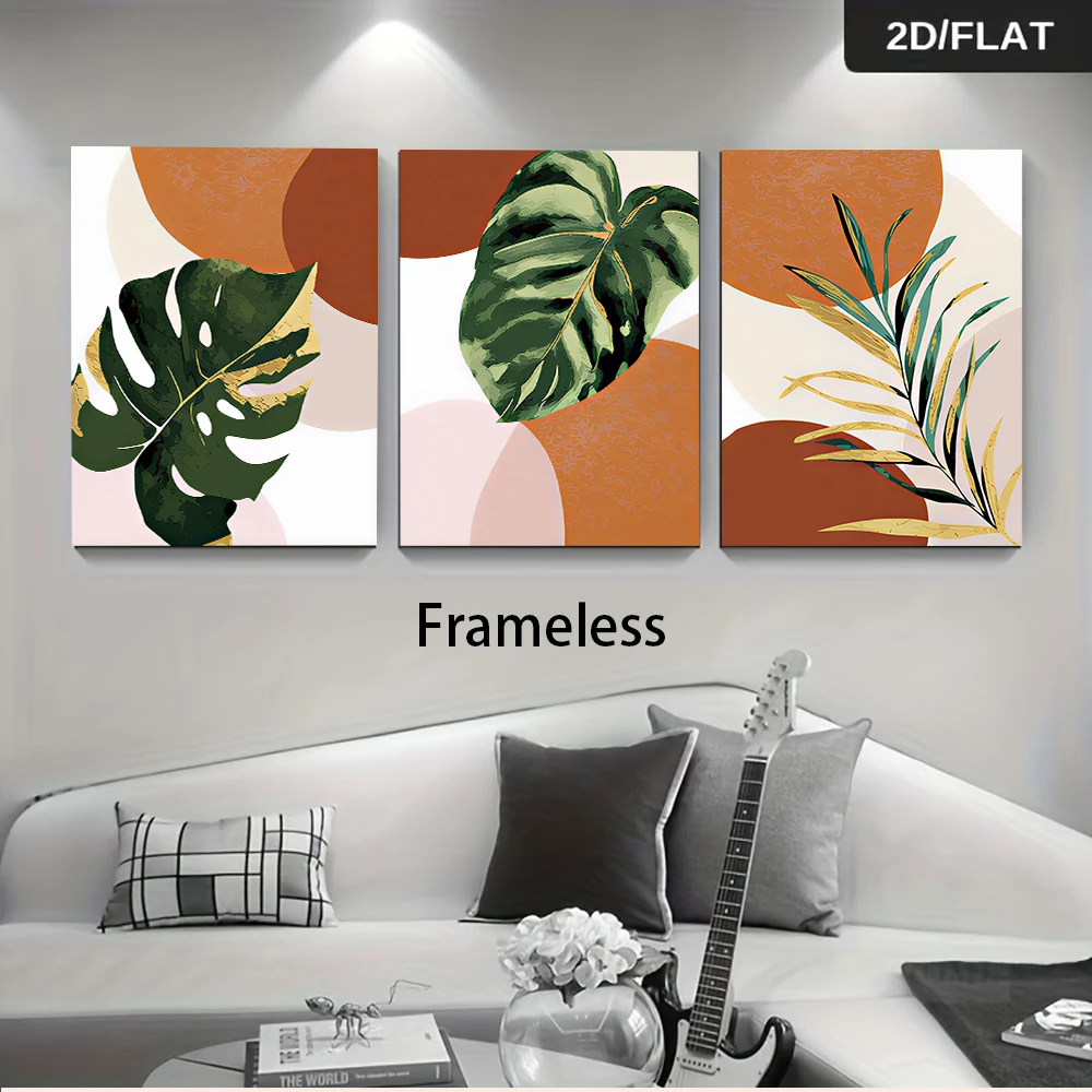 1 set of three-panel frameless tropical plant paintings with Monstera leaf and gold foil leaf pattern (2D flat).