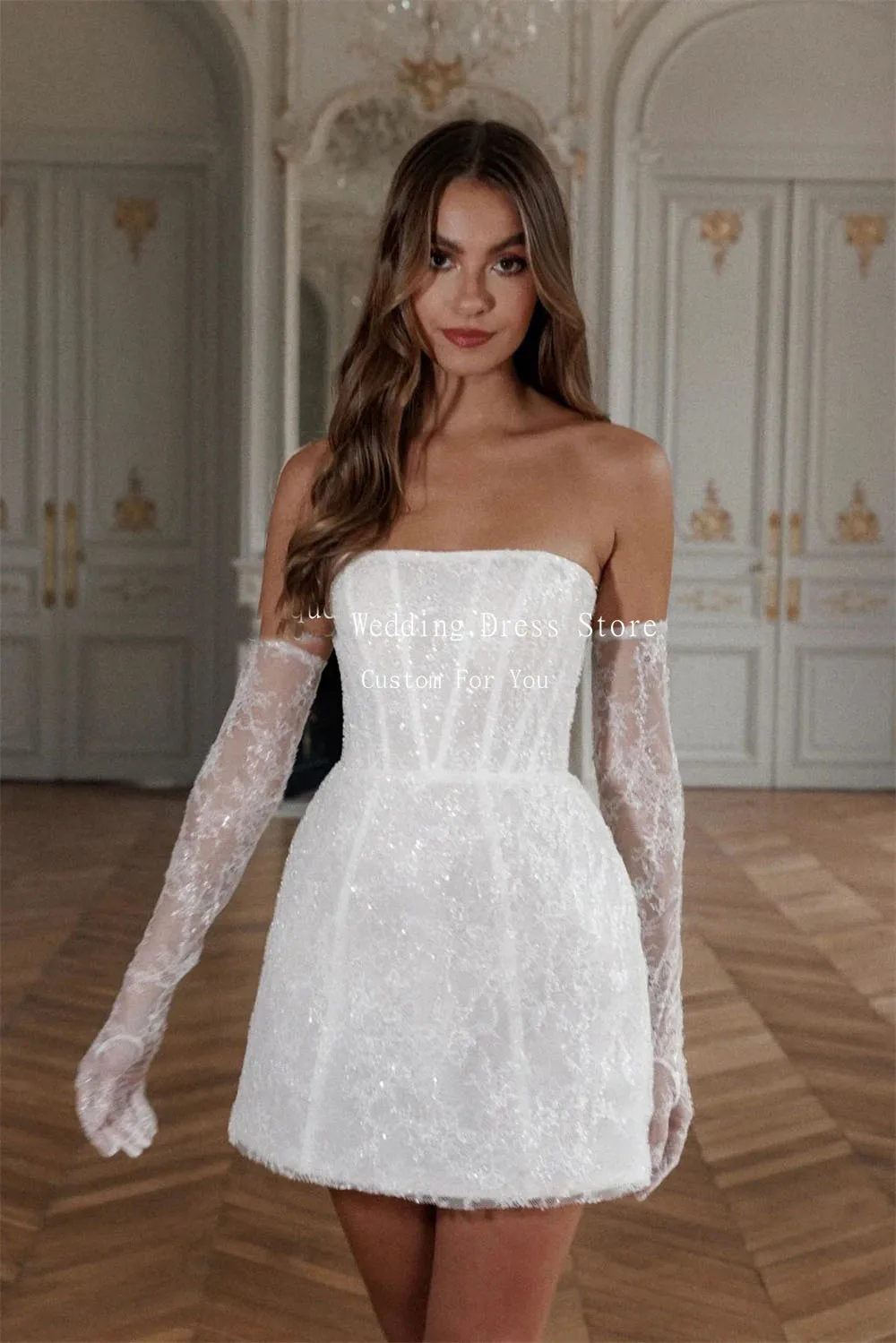 Mojy Abiti da sposa in pizzo scintillante per le donne 2025 Sposa Sirena corta di lusso con guanti Corsetto sul retro Abiti da festa lucidi personalizzati