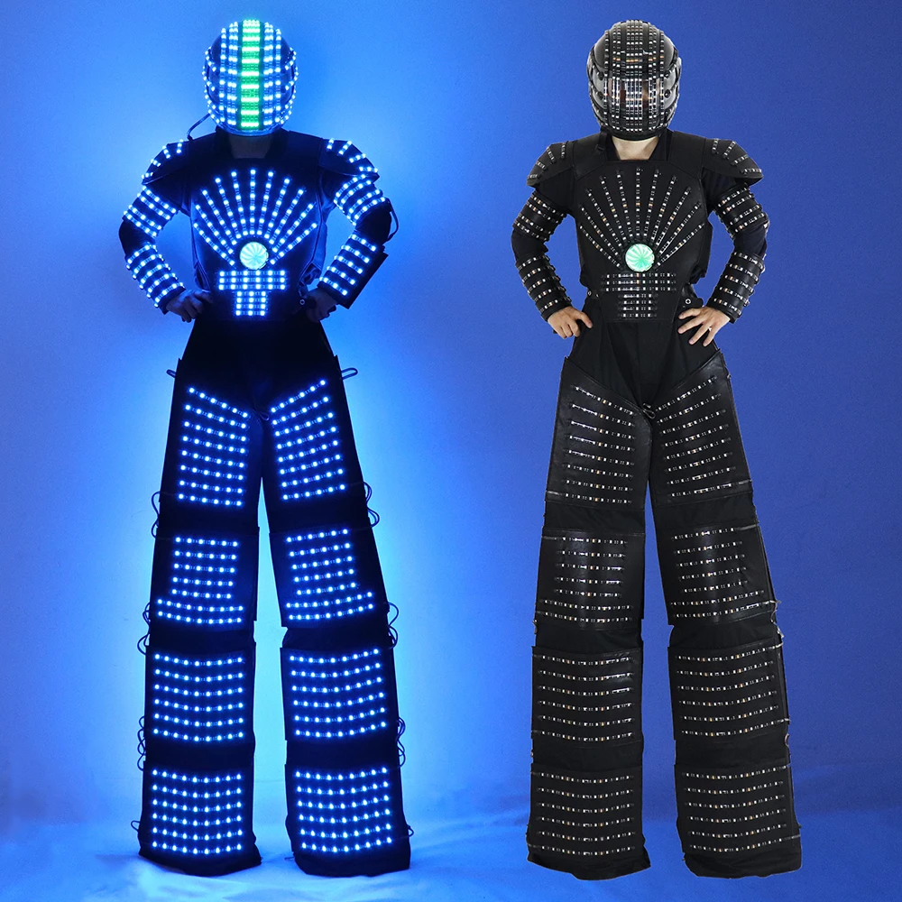 

New LED Robot Suit Costume High Heel Kryoman Robot David Guetta Stilts Light Up Clothes Helmet Laser Gloves