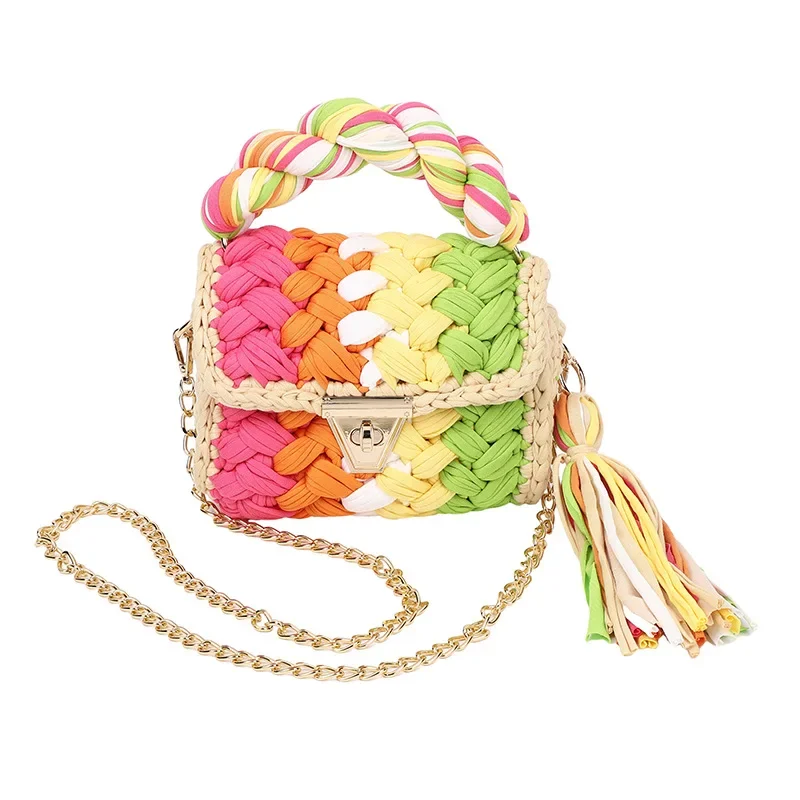 Finished Hand-Woven Cloth Bag Women's Cross-Body Bag Chain Bag2024Hot Sale Women's Tote Macaron Color Shoulder Bag Clutch