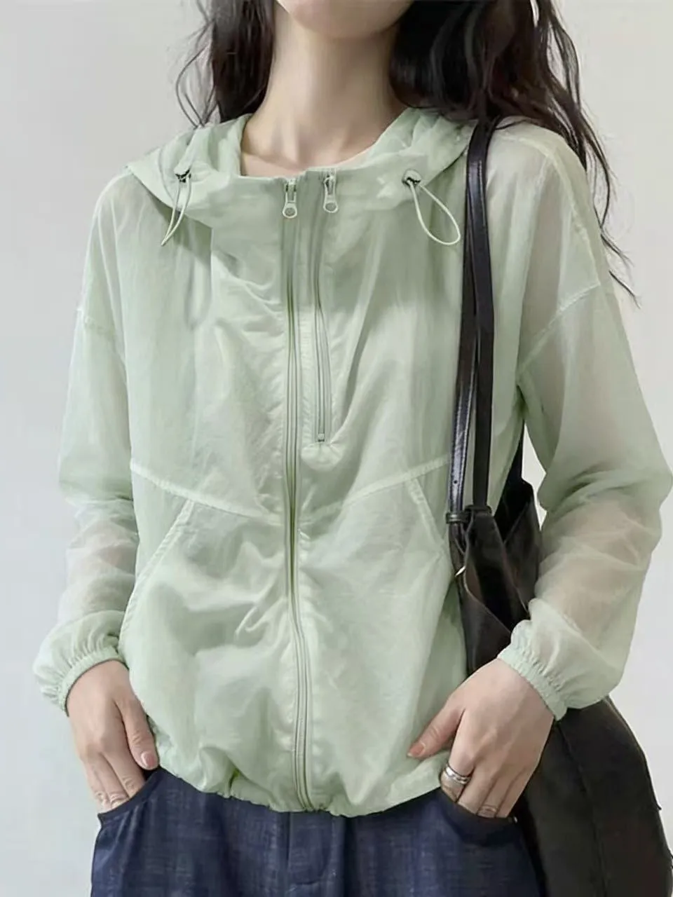 

Fashionable Lightweight Hooded Sun Protection Clothing Women's Summer New Thin Model Double Zipper Jacket UPF 40+ Polyester F...