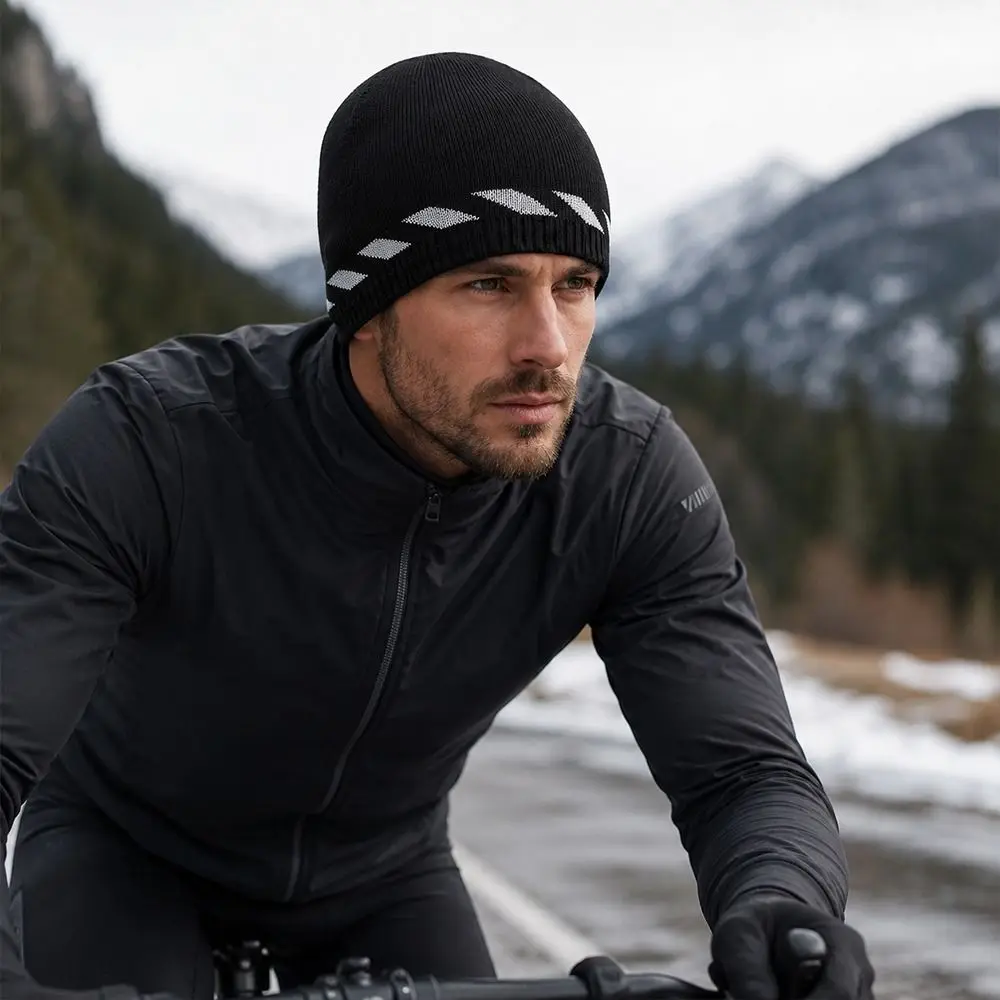 New Polyester Reflective Knit Hat Reflective Stripe Stretchy Fit Winter Knit Hat Ribbed Knit High Visibility Hat Night Running