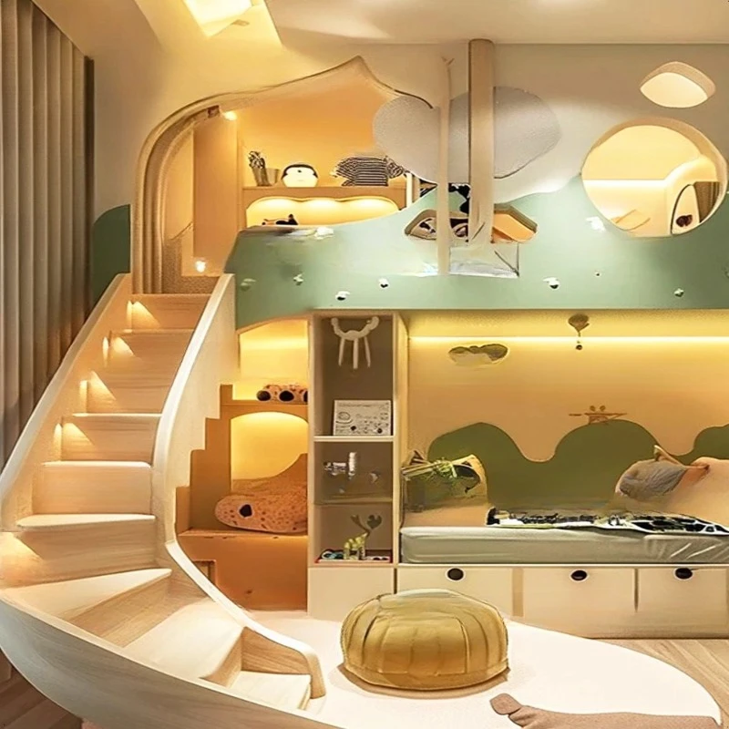 rumah bermain anak, tempat tidur tingkat anak laki-laki dan perempuan, tempat tidur rumah pohon hijau, tempat tidur tingkat hutan angin