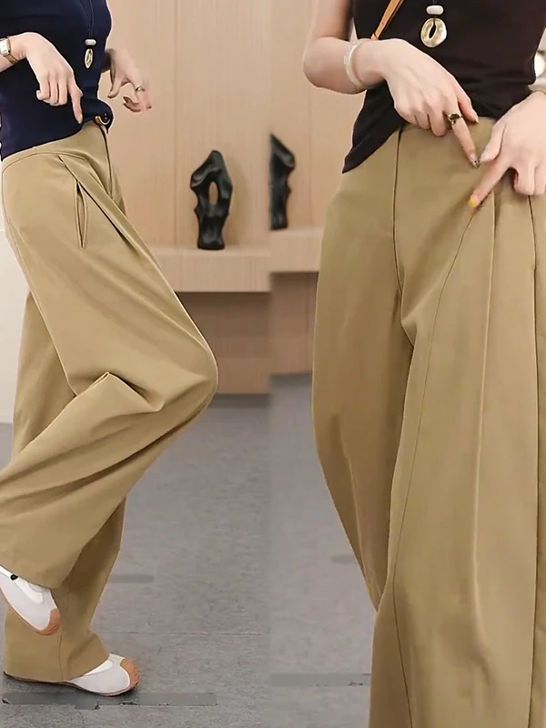 Khaki Loose Straight Leg Casual Pants Women plus Size Pear Shape Body Comfortable Wide Leg Trousers Autumn Fashion plus Size
