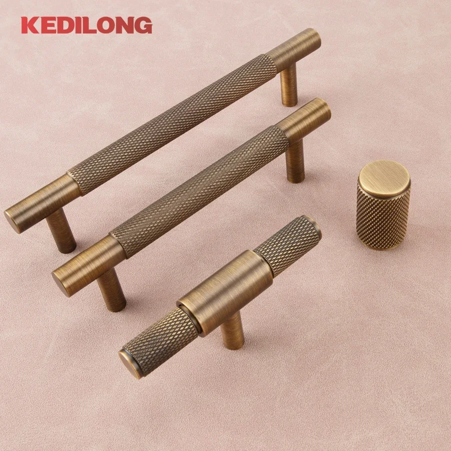 KEDLO Europäischer Luxus-Langgriff aus massivem Messing mit geprägtem Gold, amerikanischer Retro-Gelb-Antik-Schublade-T-Griff, Schrank-Nickelgriff