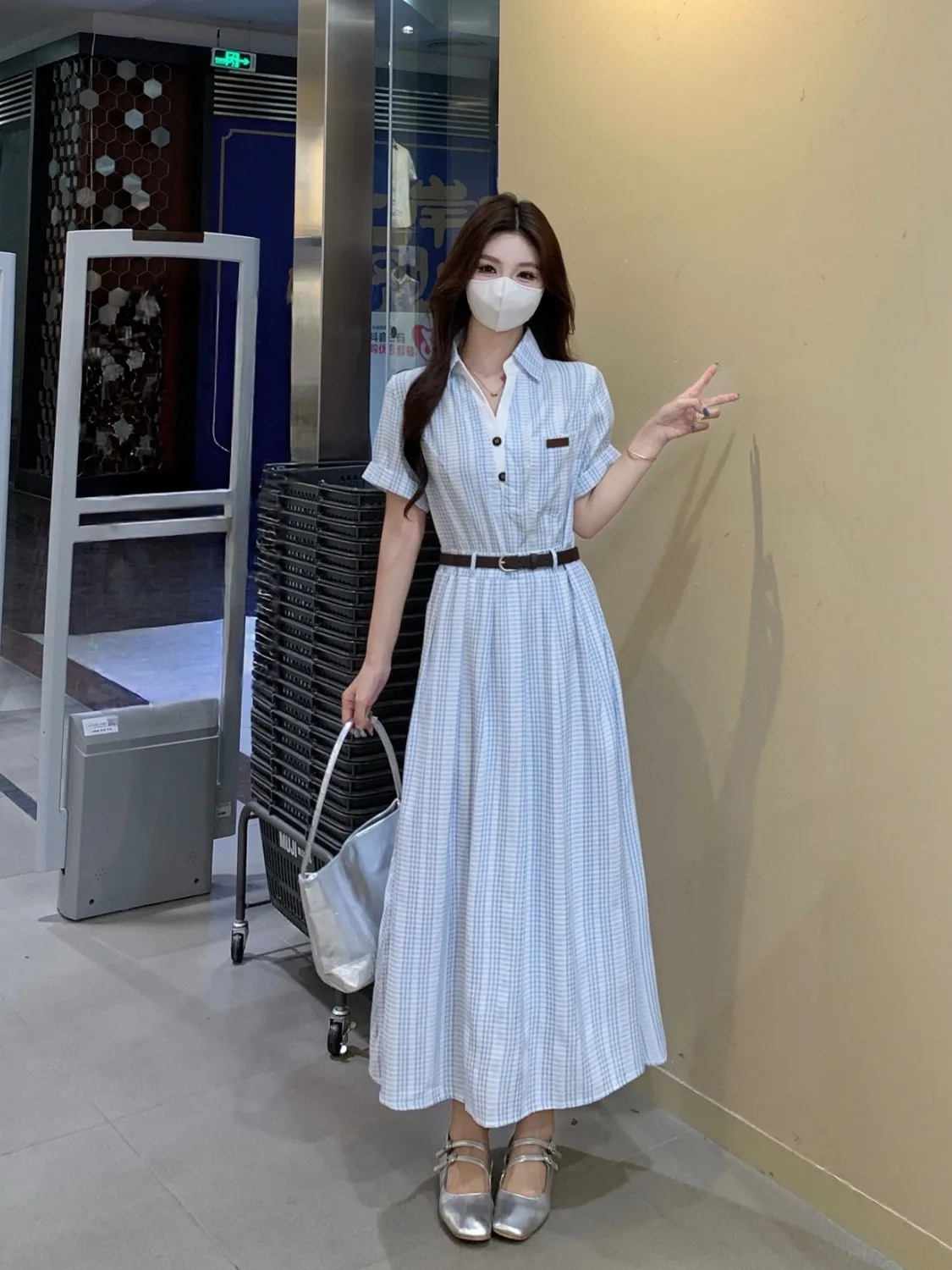 

plus Size Polka Dot A-Line Dress Short Sleeve Shirt Style Summer Slimming Younger Looking Casual Korean Version Long Skirt