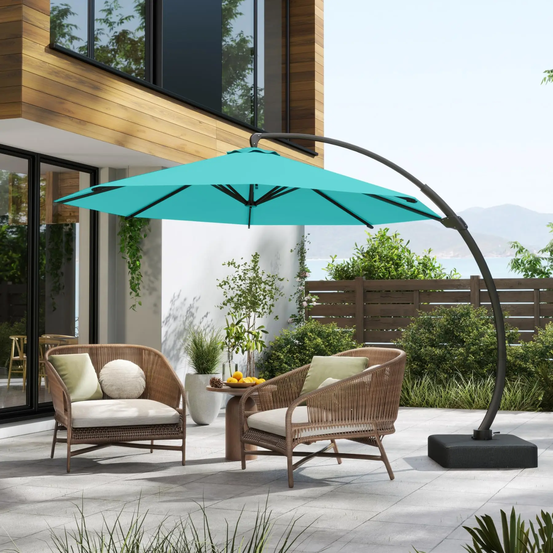 11FT Cantilever Umbrella with Base Large Curvy Outdoor Aluminum Offset Umbrella w/ 360° Rotation, UV Resistant Canopy