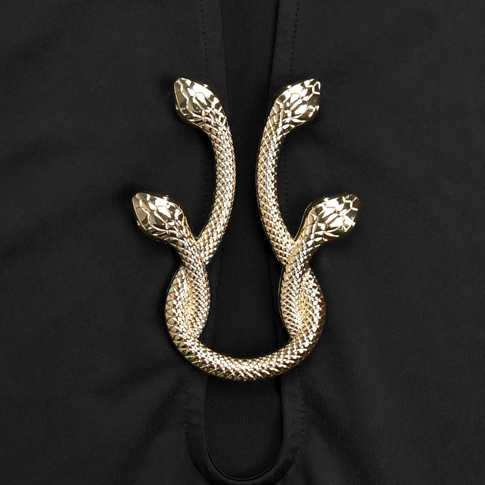 JENYAGE Damen Bodycon-Minikleid mit tiefem V-Ausschnitt und langen Ärmeln, goldener Metallring-Ausschnitt, gerafftes Design, Nachtclub-Party, schmal, sexy, Abendkleid, Schwarz – Detail 7