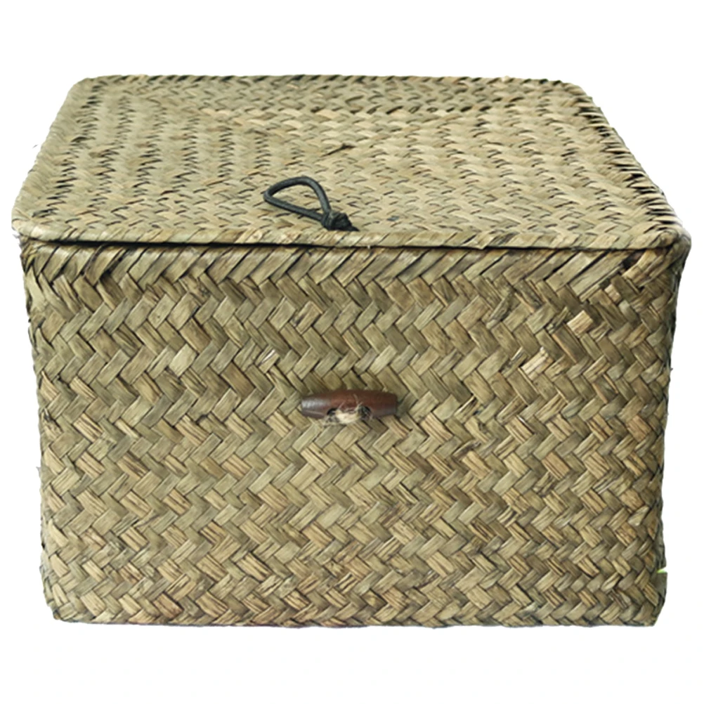 

Straw Woven Box 20x20x11cm Natural Color Decorative Basket Lid for Bedroom Living Room Gift Sundries Holder Packaging