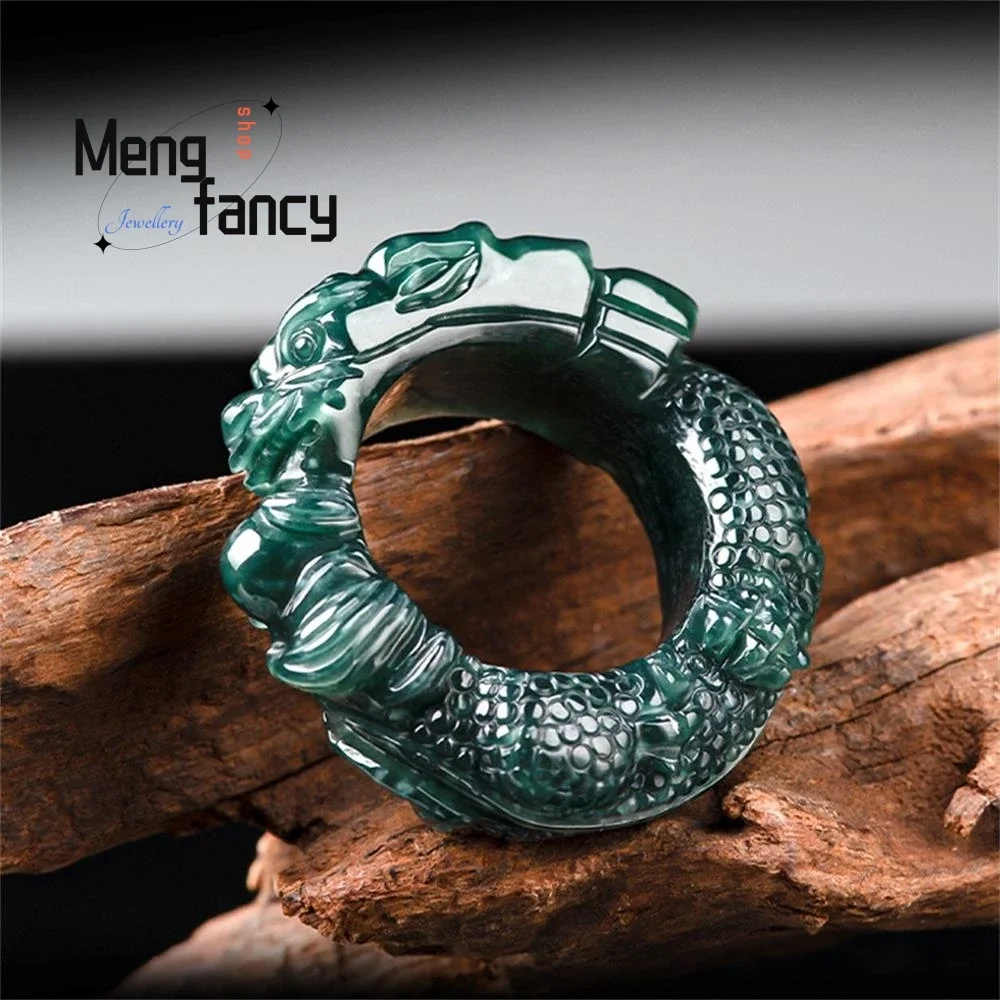 Anillo de dragón de disco de agua azul de jadeíta, productos A naturales de alta calidad, tallado tridimensional, gatillo de Jade de hielo, joyería de moda para dedo