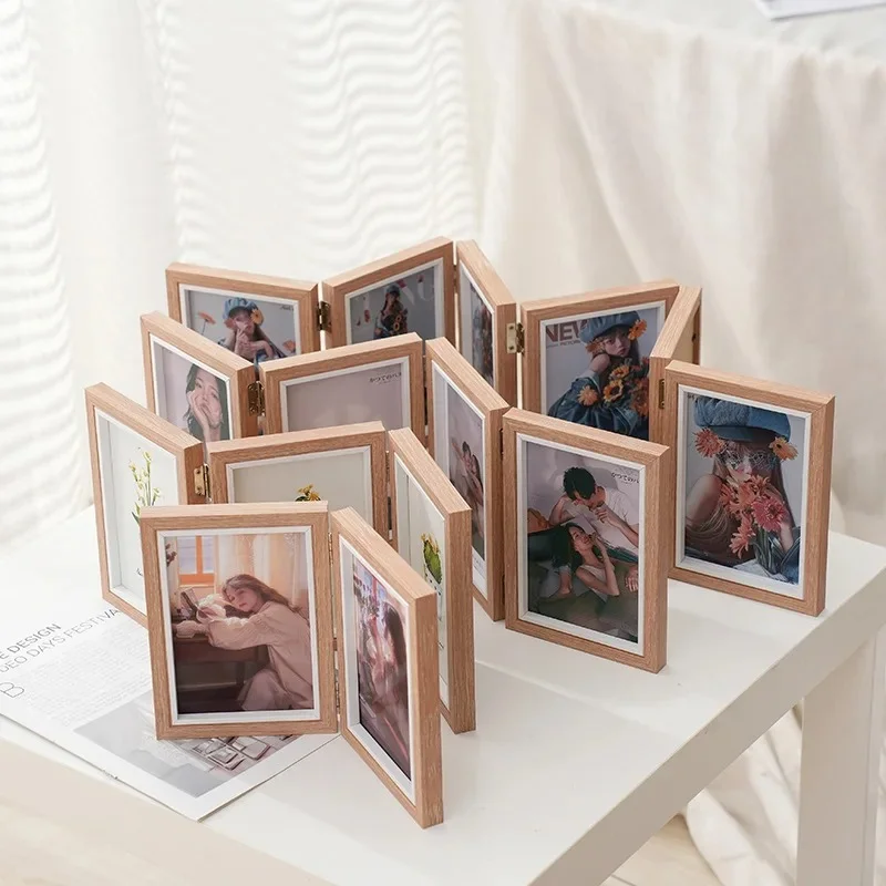 Creative Office Desktop Picture Frame Combination Wooden Folding Triplex  Modern Simple Rectangular Hinge Photo Frame