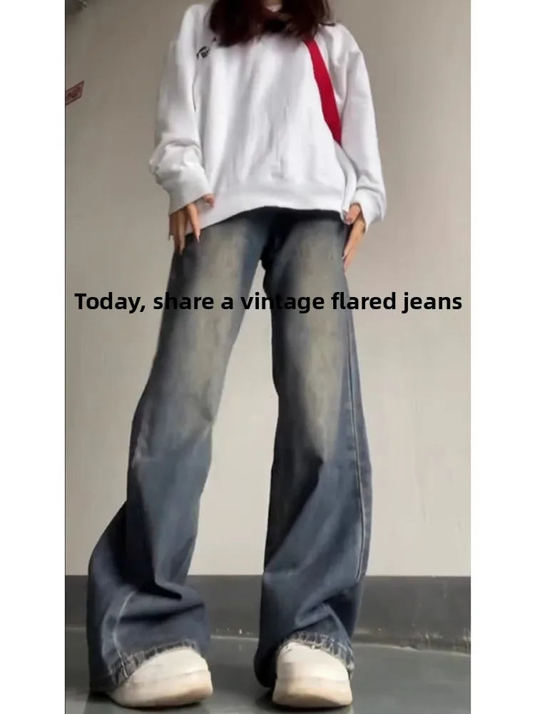 بنطال جينز نسائي أمريكي ريترو هاي ستريت مستقيم الساق واسع الساق تصميم خريفي إحساس أزرق دينم عالي الخصر طويل...