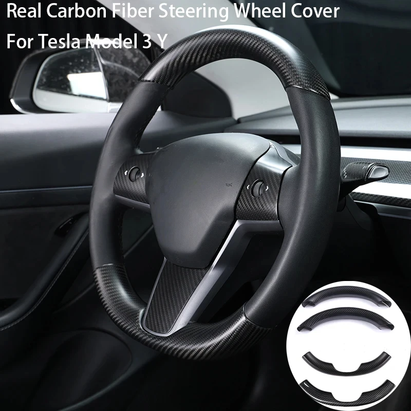 Real Carbon Fiber Steering Wheel Cover for Tesla Model 3 Y ModelY Snap-in Covers Car Interior Modification Decoration 2017-2023