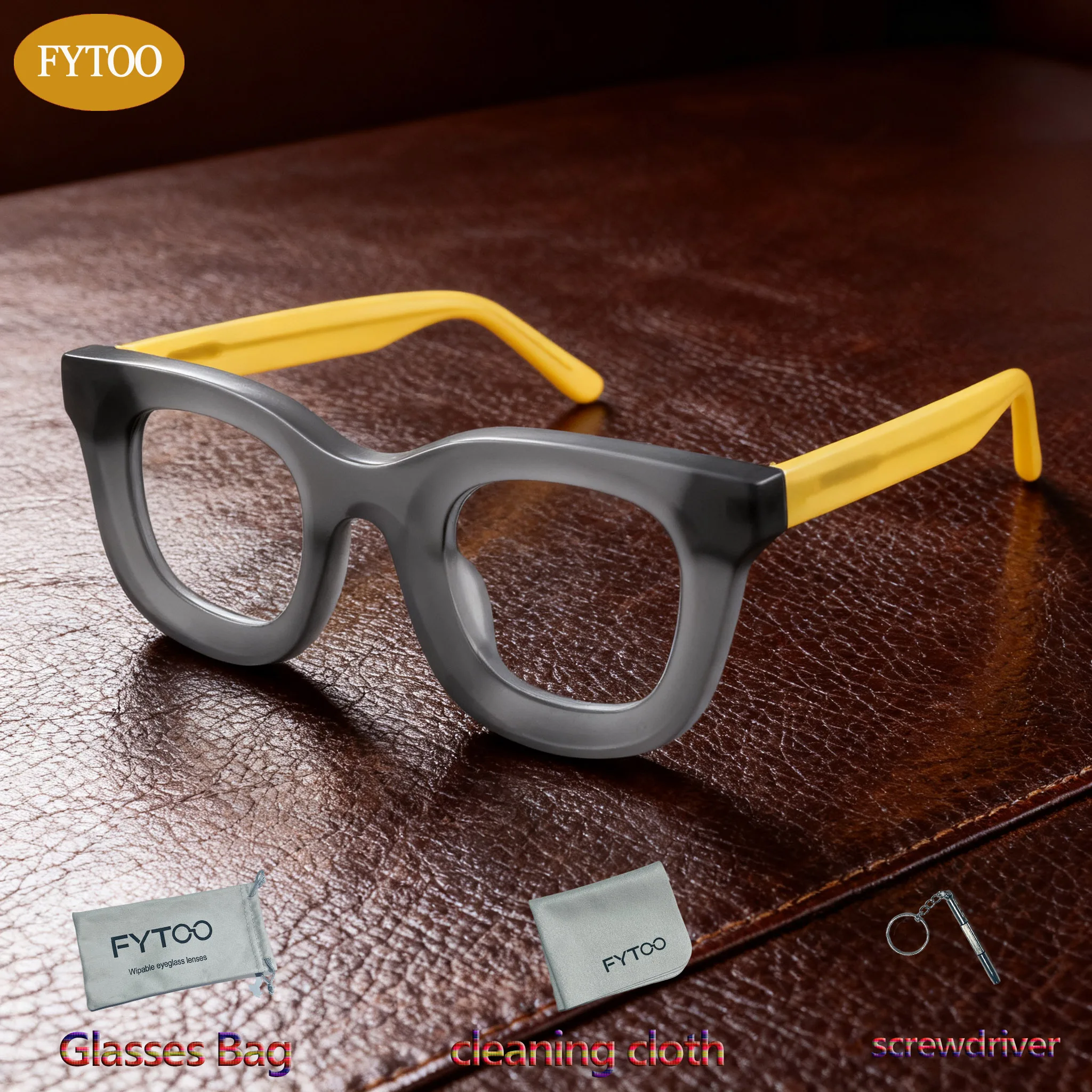 FYTOO Niche Cool Gray-Yellow Retro Round Glasses Accessories Included Durable Acetate, Unisex.1437-C1&K