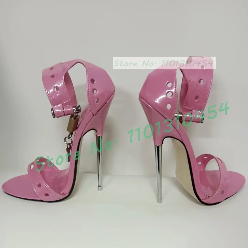 Red Wonderheel Sandals With Gold Lock Sexy Women 16cm Metal Heel Plus Size Sandals Open Toe Party Ankle Strap Round Hole Shoes