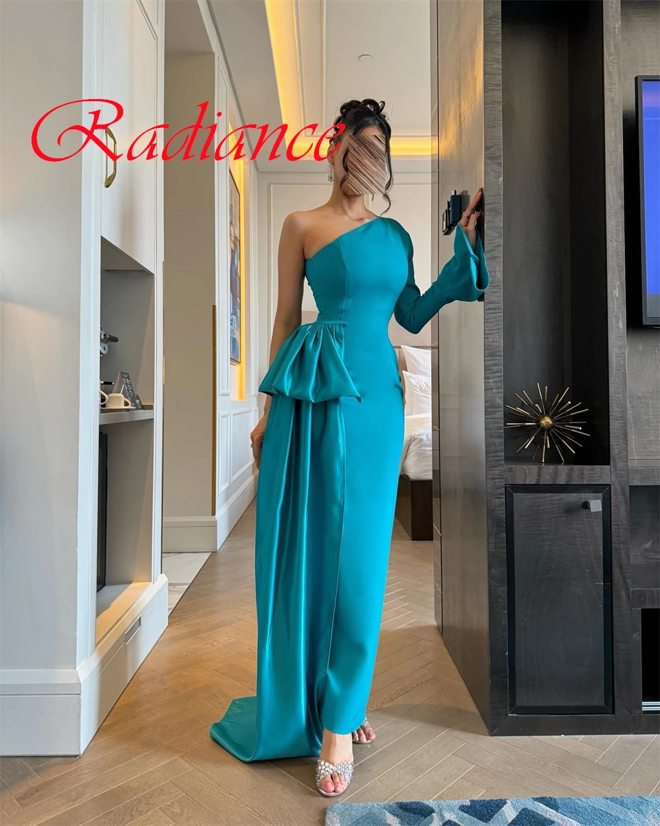 

Customized Classic Blue Jersey Evening Dress Delicate One Shoulder Flare Sleeves Half Sleeves Zipper Back Special Occasion Gowns