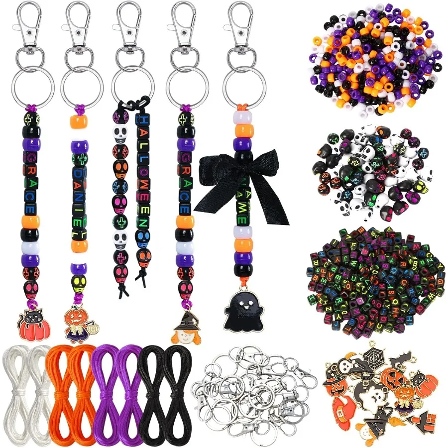 

713 шт., брелок из бисера «сделай сам», наборы для рукоделия, брелок из бисера на Хэллоуин для изготовления ювелирных изделий, череп, пони, бусины с буквами, Хэллоуин Ча
