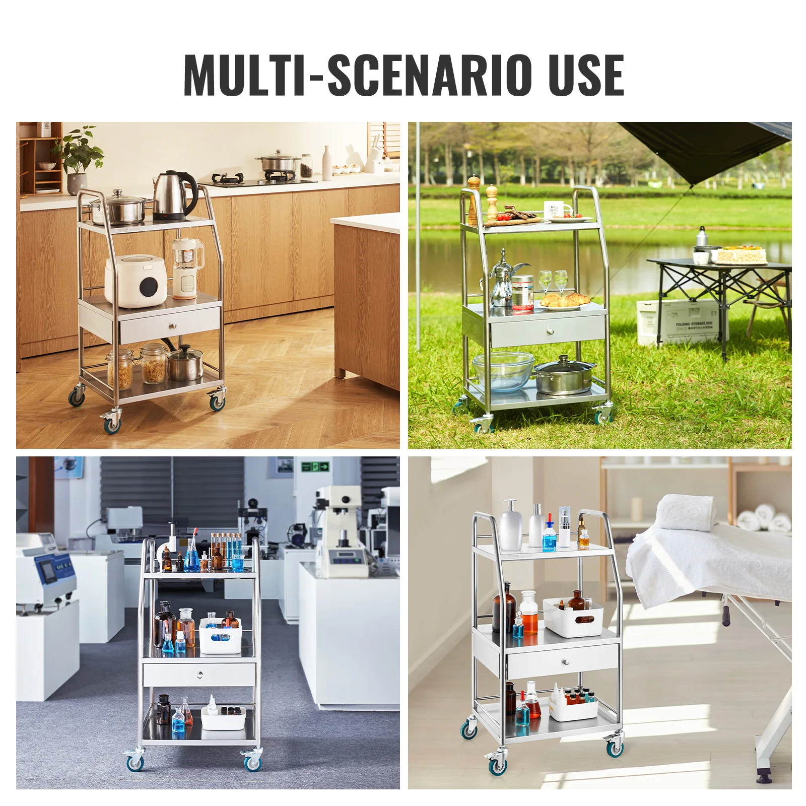VEVOR Lab Serving Cart 3 Layers Stainless Steel Utility Rolling Cart with A Drawer Medical Cart with Lockable Wheel for Dental