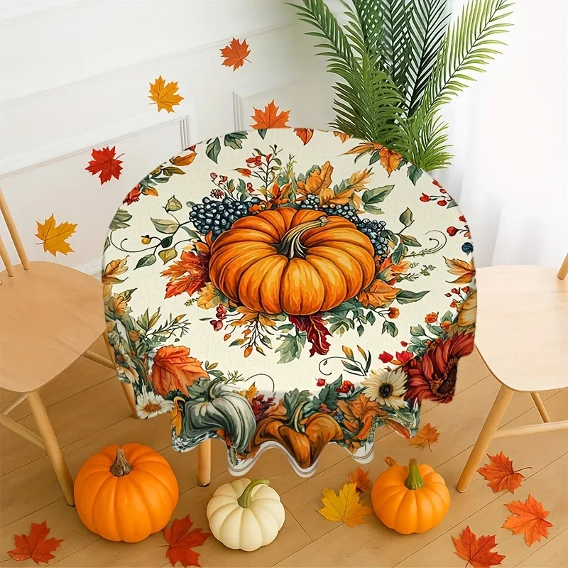 One round tablecloth with autumn pumpkin and berry pattern. Thanksgiving harvest theme. Party and picnic.xzj