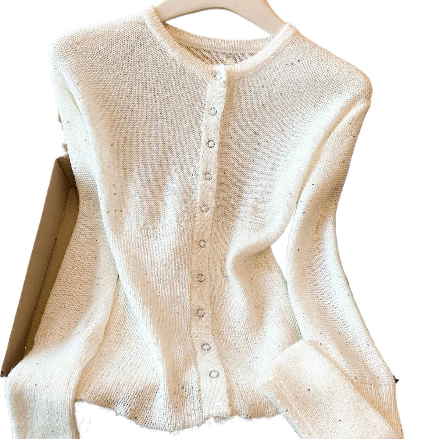

Temperament Fashion Heavy Industry Sequin Long Sleeve Knitted Cardigan Top Women's 2026 Spring New Slim Skinny Sweater Jacket