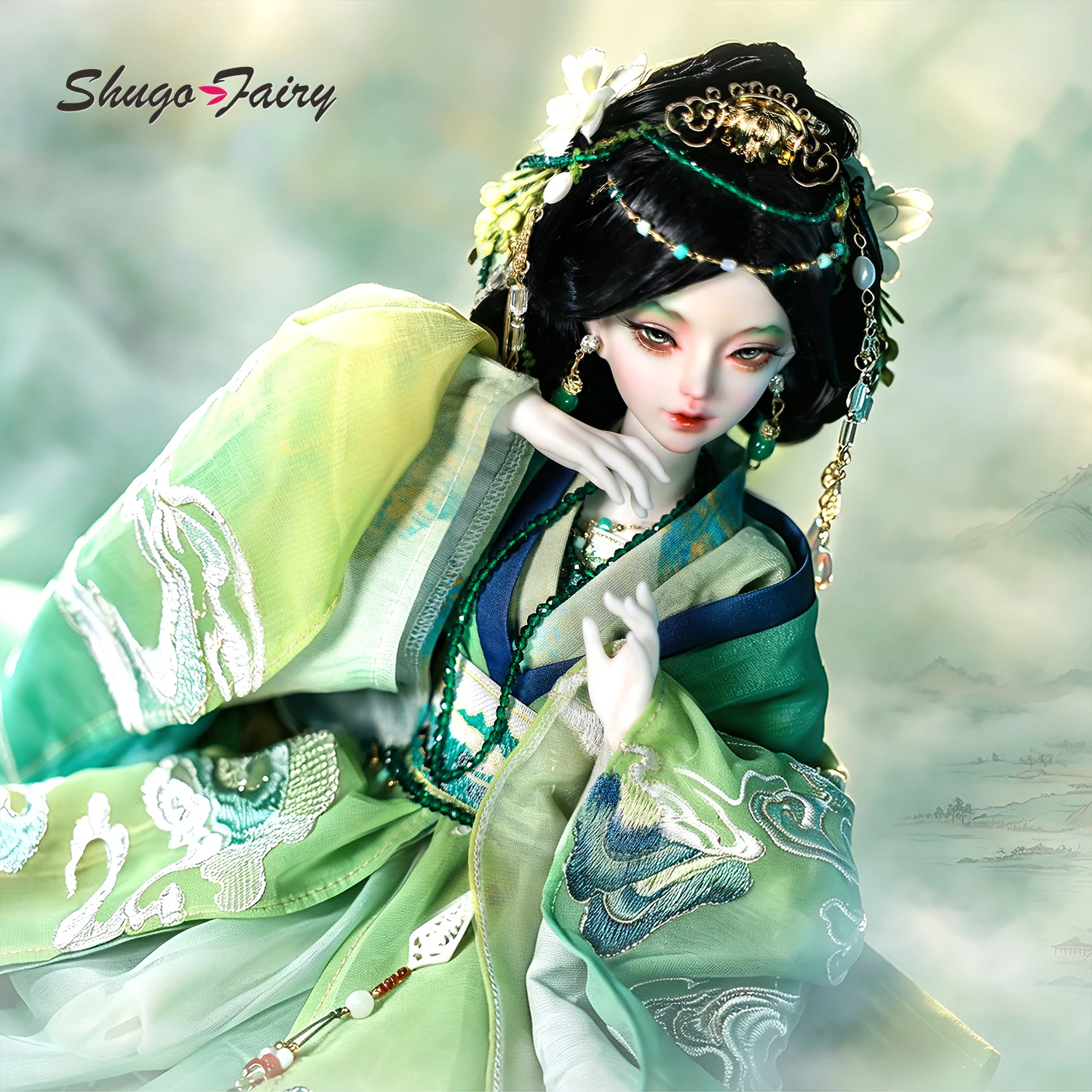 ShugaFairy BJD 1/4 Snake D Fullset Distant Mountain Brows Song Chinese Dress CyanGreen Landscape Embroidery FC Ball Jointed Doll